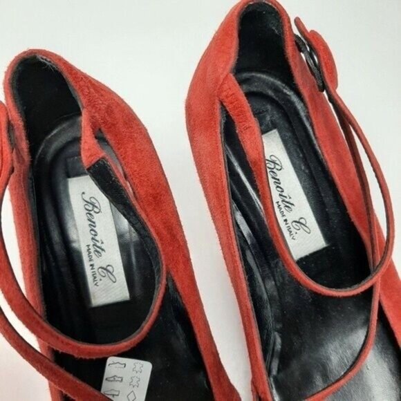 BENOITE C. Italy Mary Jane Wedge Heels Red Suede Sz 7.5 - Picture 9 of 10